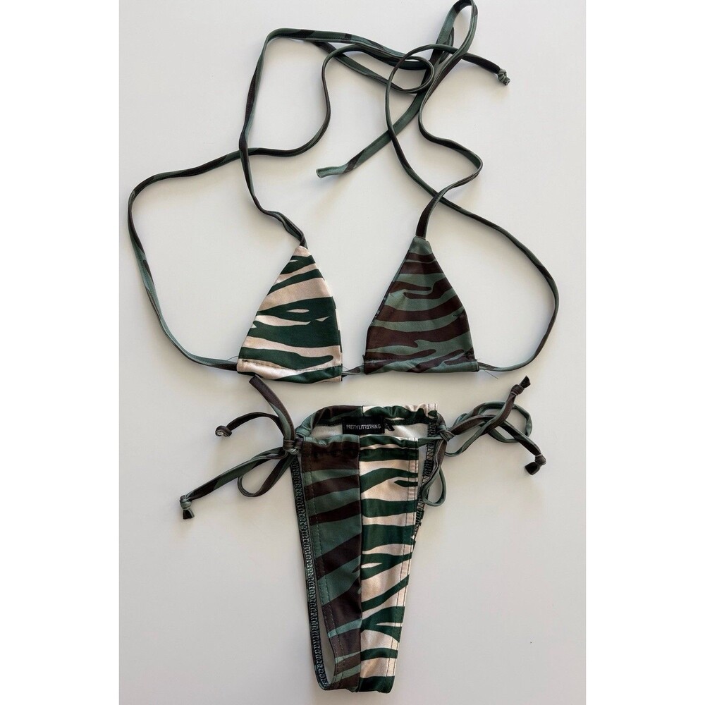 Prettylittlething Bikini Two-Piece Women's 4 Green Black Tan Camo Summer Beach